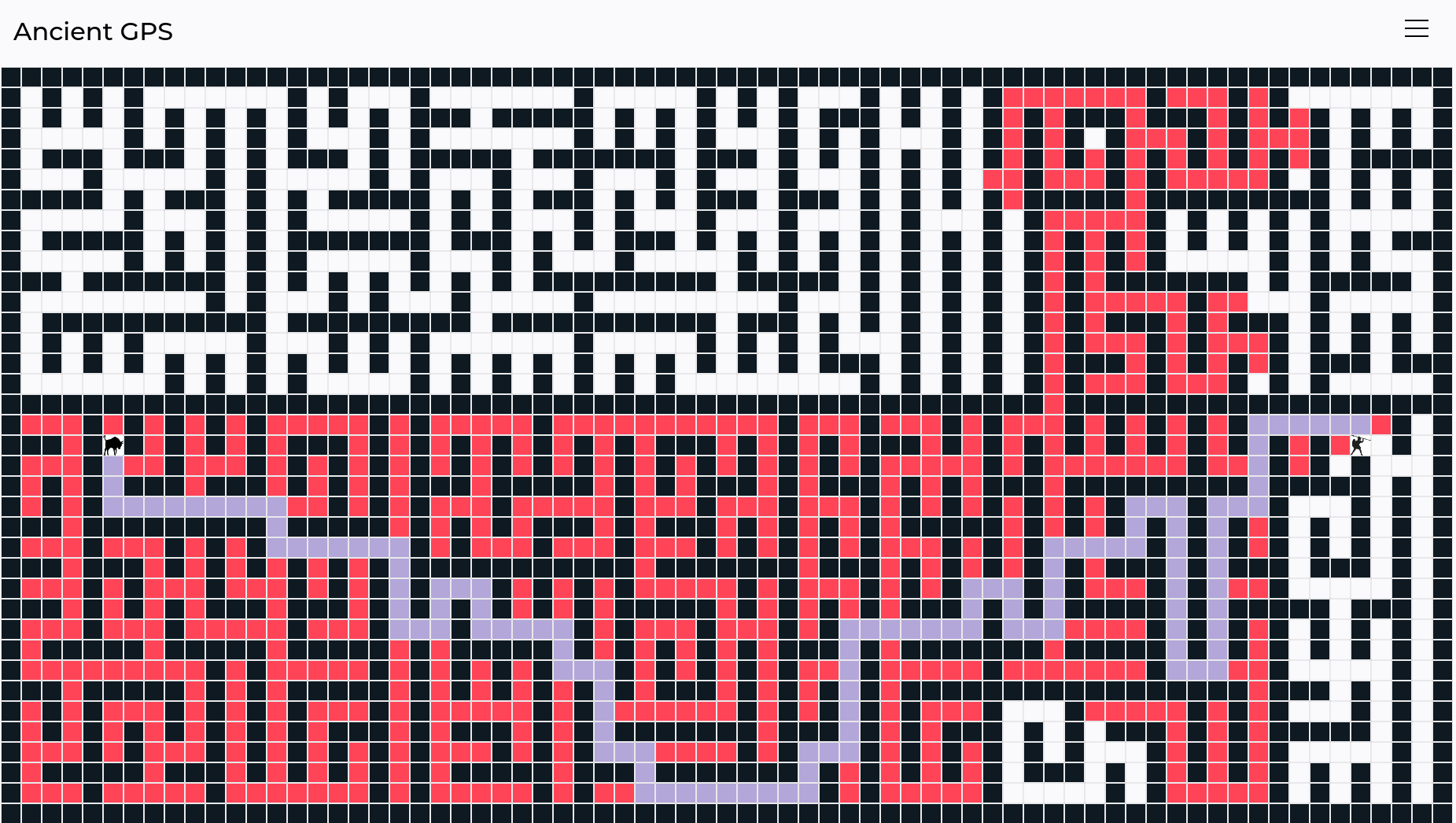 Randomly generated maze with shortest path between Theseus and the Minotaur.